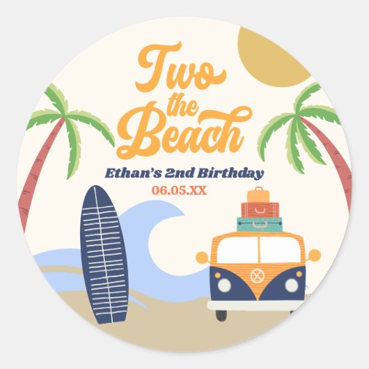 Sticker Rond Deux The Beach Surf Board 2e fête d'anniversaire (Devant)