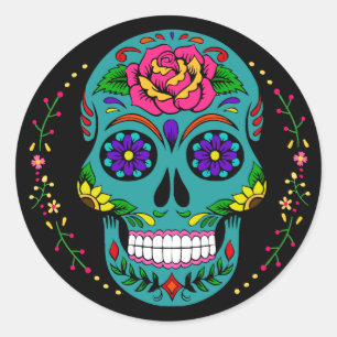 Sticker Rond Día de los Muertos Crâne Turquoise de sucre Hallow