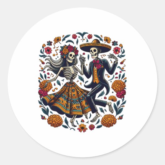 Sticker Rond Dia De Los Muertos Skeletons Dansons Fête Mexicain (Devant)
