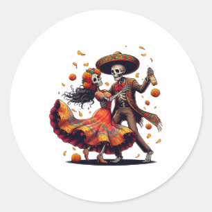 Sticker Rond Dia De Los Muertos Skeletons Dansons Fête Mexicain