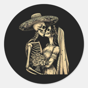 Sticker Rond Dia De Muertos Sugar Skull Couple Skeleton Bride W