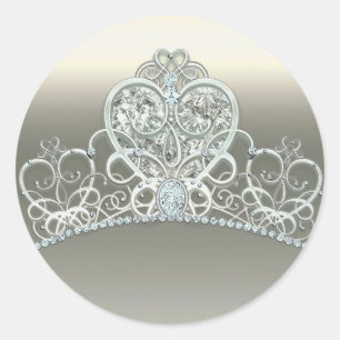 Sticker Rond Diadème Anniversaire Princesse Cœur en Platine et