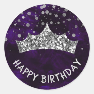 Sticker Rond Diadème argenté avec bokeh argenté et Joyeux anniv