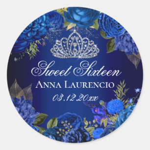 Sticker Rond Diadème Diamant Fleurs Bleues Roses Sweet 16