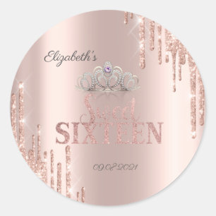 Sticker Rond Diadème gouttes de paillettes Rose Gold Sweet 16