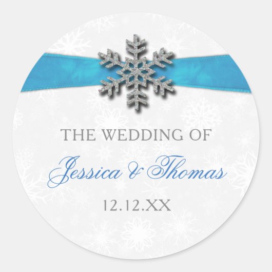 Sticker Rond Diamante Snowflake & Blue Ribbon Mariage d'hiver (Devant)