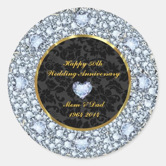 Sticker Rond Diamants, Black & Gold 50e anniversaire de Mariage (Devant)