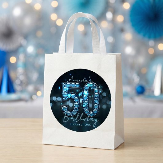 Sticker Rond Diamants Bleus Sarcelle & 50e Anniversaire Noir Gl