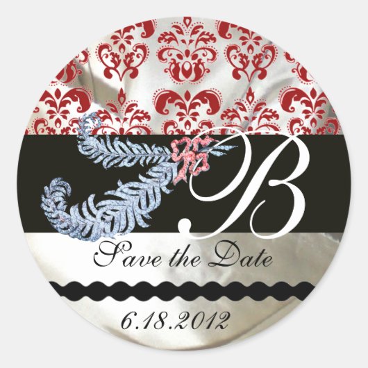 STICKER ROND DIAMOND FEATHERS WHITE RED SILK DAMASK MONOGRAM (Devant)