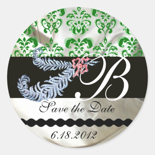 STICKER ROND DIAMOND FEATHERS WHTE GREEN SILK DAMASK MONOGRAM (Devant)