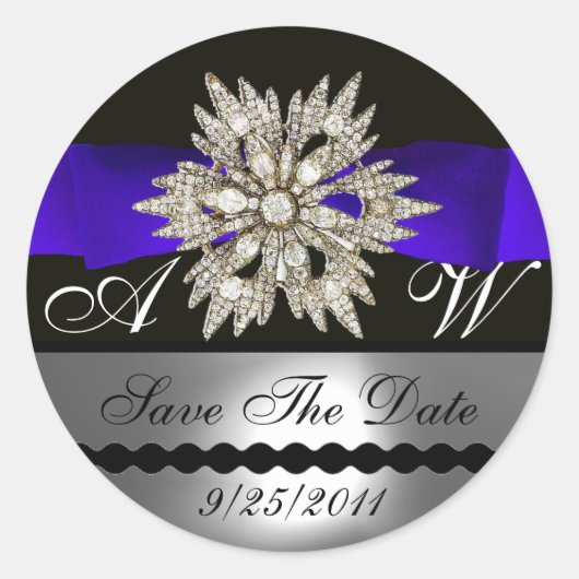 STICKER ROND DIAMOND STARS BLACK WHITE BLUE RIBBON MONOGRAM (Devant)