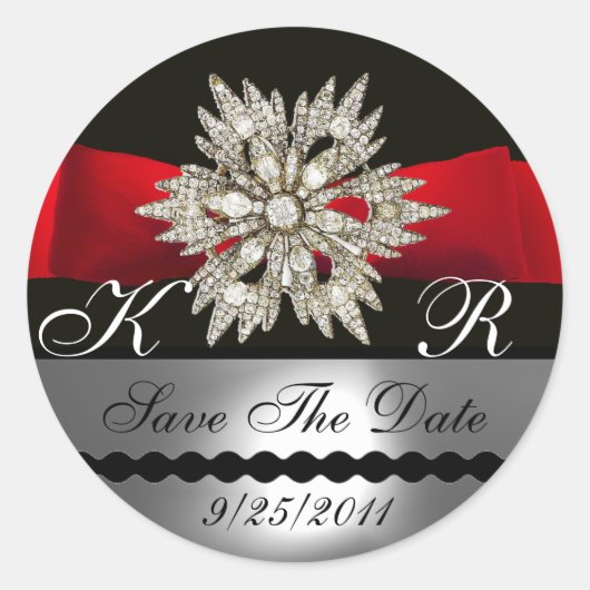 STICKER ROND DIAMOND STARS BLACK WHITE RED RIBBON MONOGRAM (Devant)