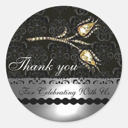 Sticker Rond DIAMOND TULIPS BLACK WHITE GRAY DAMASK, Merci (Devant)