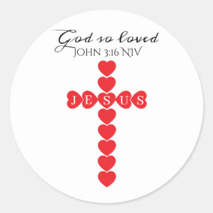 Sticker Rond Dieu Aima Tant le Monde Cœur Rouge Croix Blanche