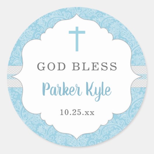 Sticker Rond Dieu Bénie baptême faveur | bleu damassé bébé garç (Devant)