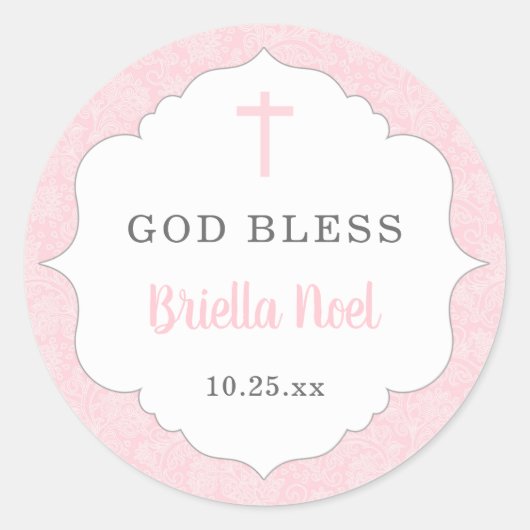 Sticker Rond Dieu Bénie baptême faveur | jeune fille rose damée (Devant)