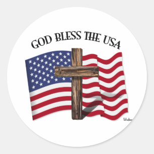 Sticker Rond DIEU BÉNISSE LES ÉTATS-UNIS avec une croix robuste