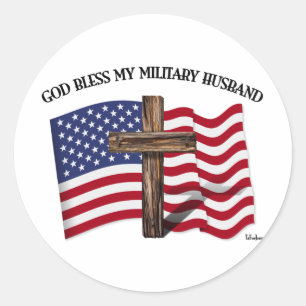 Sticker Rond DIEU BÉNISSE MON MARI MILITAIRE croix robuste drap