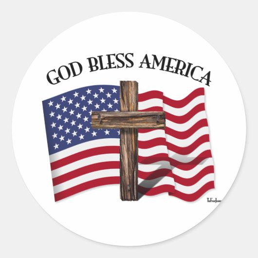 Sticker Rond DIEU BLESS AMERICA avec croix robuste et drapeau U (Devant)