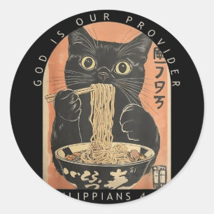 Sticker Rond Dieu est fournisseur drôle chat mange des ramen ja