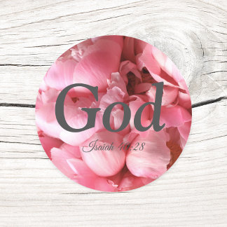 Sticker Rond Dieu Isaïe 40:28 Verse Elégant Fleurs Roses Classi