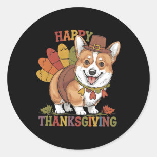Sticker Rond Dinde de chien Corgi de Thanksgiving
