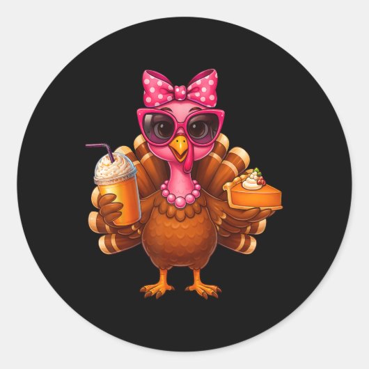 Sticker Rond Dinde de Thanksgiving buvant du café Arc Pie Dinde (Devant)