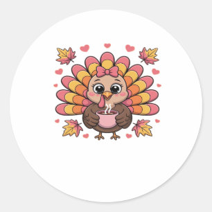 Sticker Rond dinde de thanksgiving kawaii rose T-Shirt Classiqu