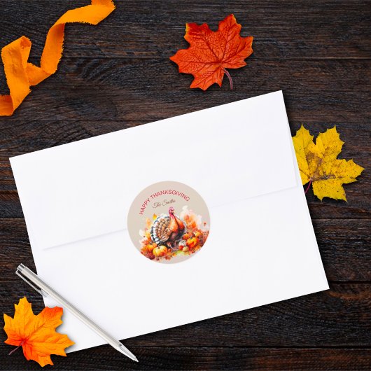 Sticker Rond Dindon de Thanksgiving et citrouilles à l'aquarell