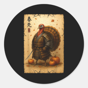 Sticker Rond Dindon de Thanksgiving Samouraï Guerrier Japonais