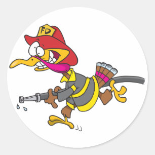 Sticker Rond Dindon Pompier avec Tuyau