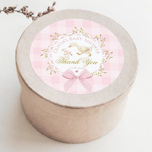 Sticker Rond Dindon rose à carreaux Merci pour la Baby Shower