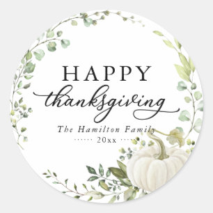 Sticker Rond Dîner de Thanksgiving avec Eucalyptus et Citrouill