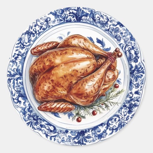 Sticker Rond Dîner turc sur une plaque de Chinoiserie bleue (Devant)