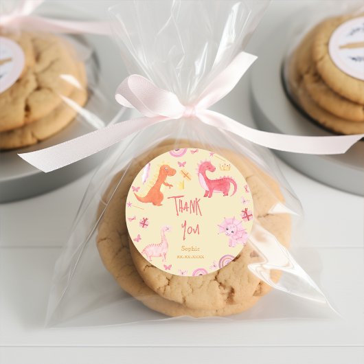 Sticker Rond Dino-mite rose dino anniversaire merci