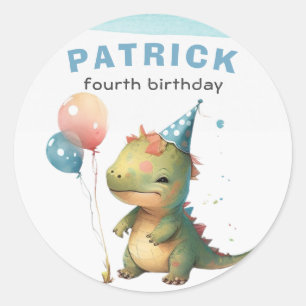 Sticker Rond Dino Party Watercolor Boy Blue Anniversaire