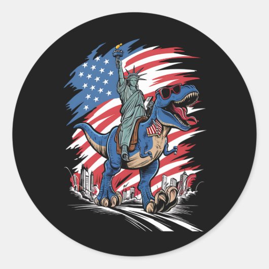 Sticker Rond Dino Statue De La Liberté 4 juillet Drapeau Améric (Devant)