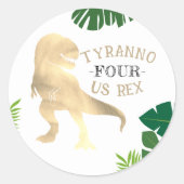 Sticker Rond Dinosaur 4e fête d'anniversaire Gold Tyrannosaurus (Devant)