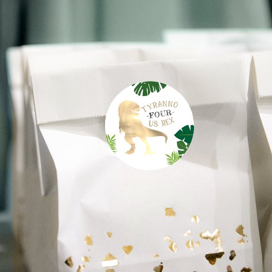 Sticker Rond Dinosaur 4e fête d'anniversaire Gold Tyrannosaurus
