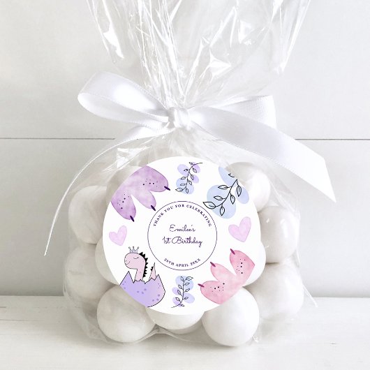 Sticker Rond Dinosaur Anniversaire Pink Purple Merci