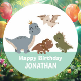 Sticker Rond Dinosaur Boho Vert fête d'anniversaire