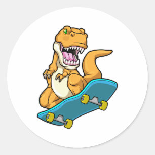 Sticker Rond Dinosaur comme Patineur avec Skateboard