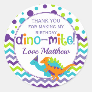 Sticker Rond Dinosaur Dino Mite Merci fête d'anniversaire