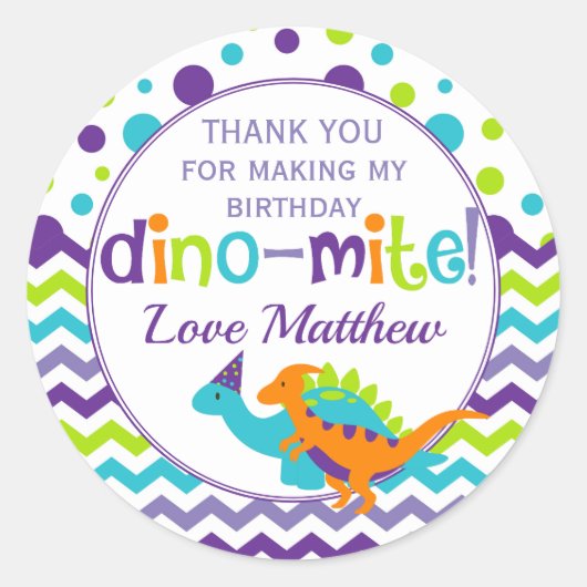 Sticker Rond Dinosaur Dino Mite Merci fête d'anniversaire (Devant)