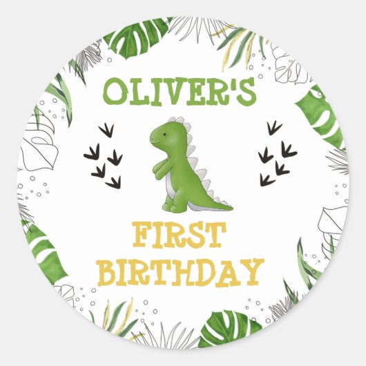 Sticker Rond Dinosaur fête d'anniversaire Garçon Vert Yellow En (Devant)