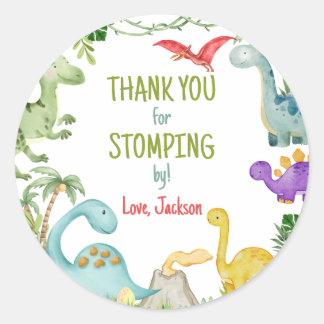Sticker Rond Dinosaur fête d'anniversaire Merci Stomping By