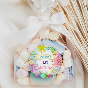 Sticker Rond Dinosaur Floral Parties scintillant bébé fille 1er