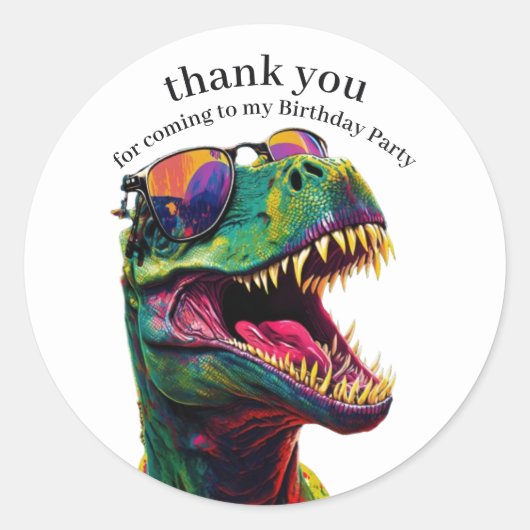 Sticker Rond Dinosaur Joyeux anniversaire enfants Merci (Devant)