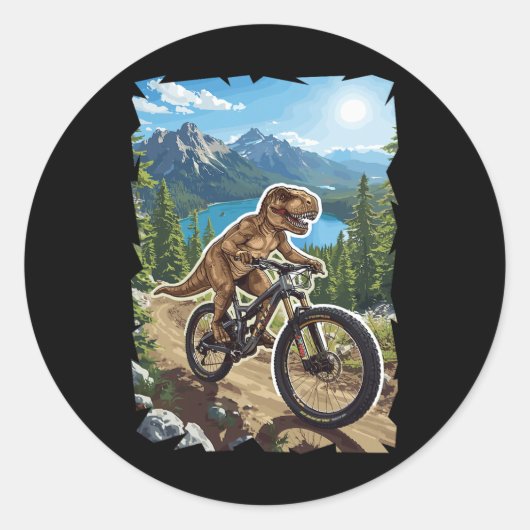 Sticker Rond Dinosaur Mountain Biking Through Forest Trail  (Devant)