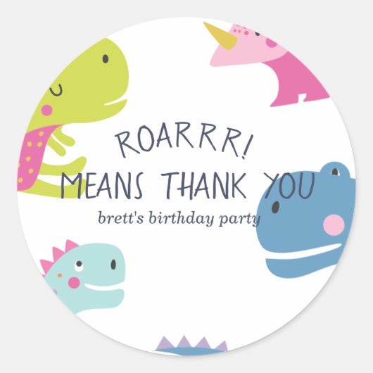 Sticker Rond Dinosaur Roar Girls Anniversaire rose (Devant)